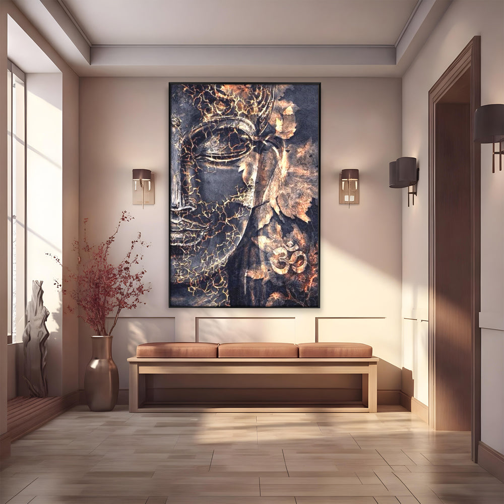Tablou canvas cu tablou canvas cu chipul lui buddha, in rama de aluminiu negru